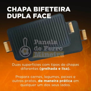 Chapa de Ferro Fundido Bifeteira Dupla Face Com Alça de Madeira  55cm x 26 cm - Santana