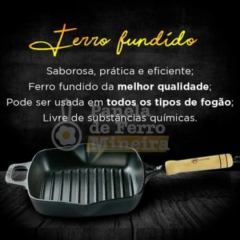 Frigideira Para Grelhar Cook Grill De Ferro Fundido Cabo de Madeira - Santana 22 cm