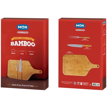 Conjunto Tábua Churrasco Bamboo Retangular 30cm x 50cm, 1 faca e 1 garfo - Mor