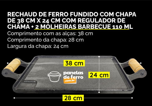 Kit Chapa de Ferro com Fogareiro Rechaud Chapa de Ferro Liso com 2 Molheiras Barbecue 110 ml