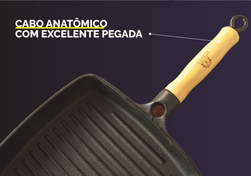 Frigideira Bistequeira Para Grelhar De Ferro Fundido Cabo de Madeira - Libaneza 22 cm